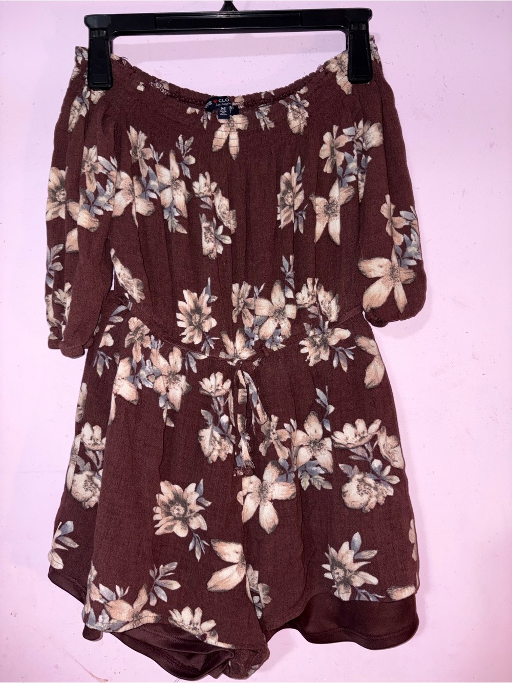 Off-Shoulder Brown Floral Romper with Drawstring Waist